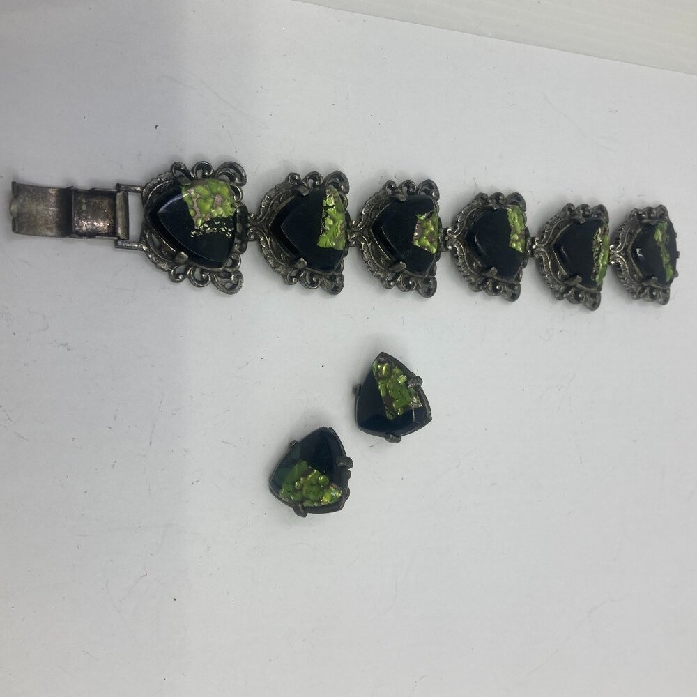 Vtg '60 SELRO SELINI ? chunky medieval black/green earrings bracelet set